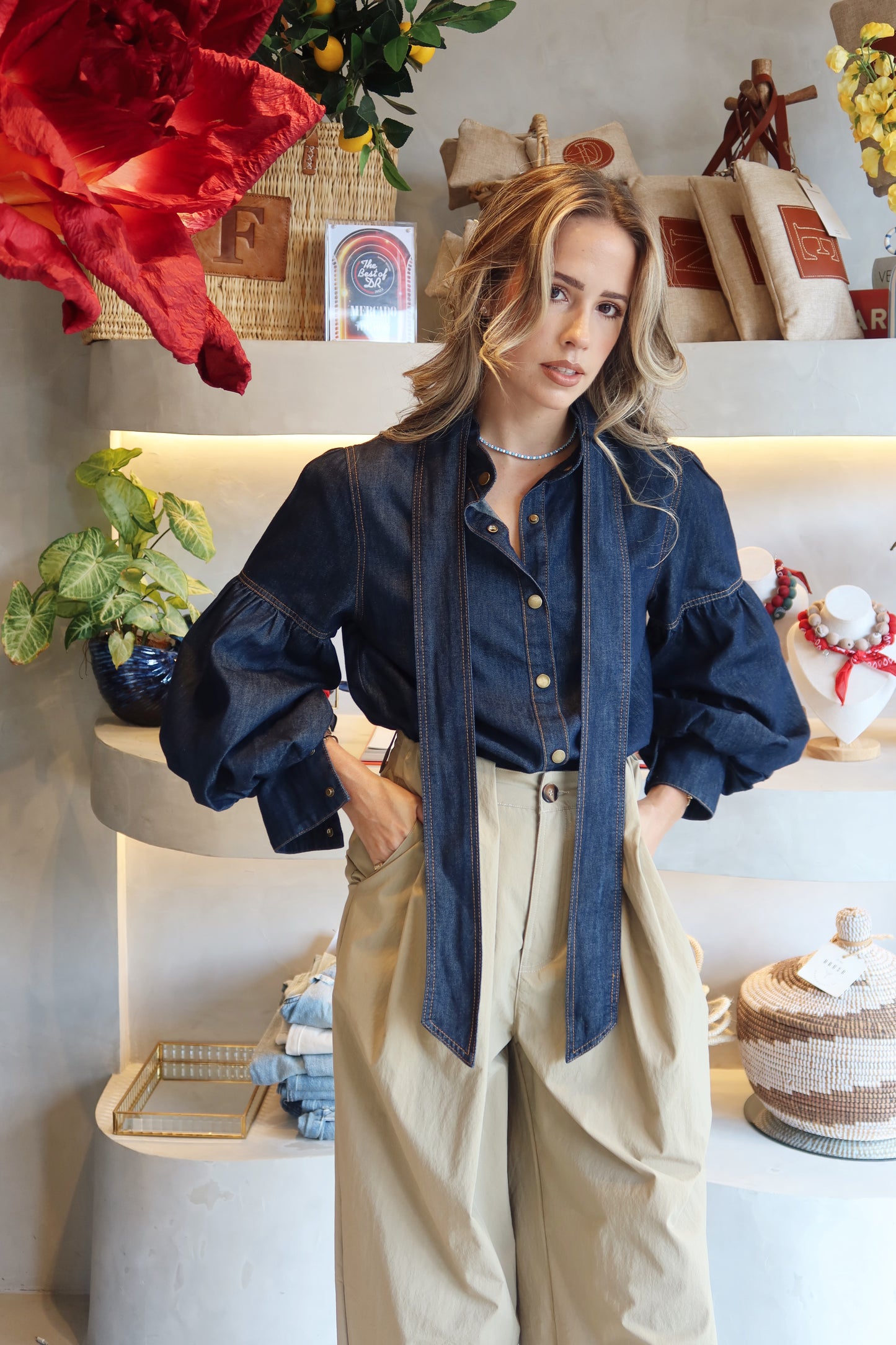 Marfa - Denim Tie Neck Blouse