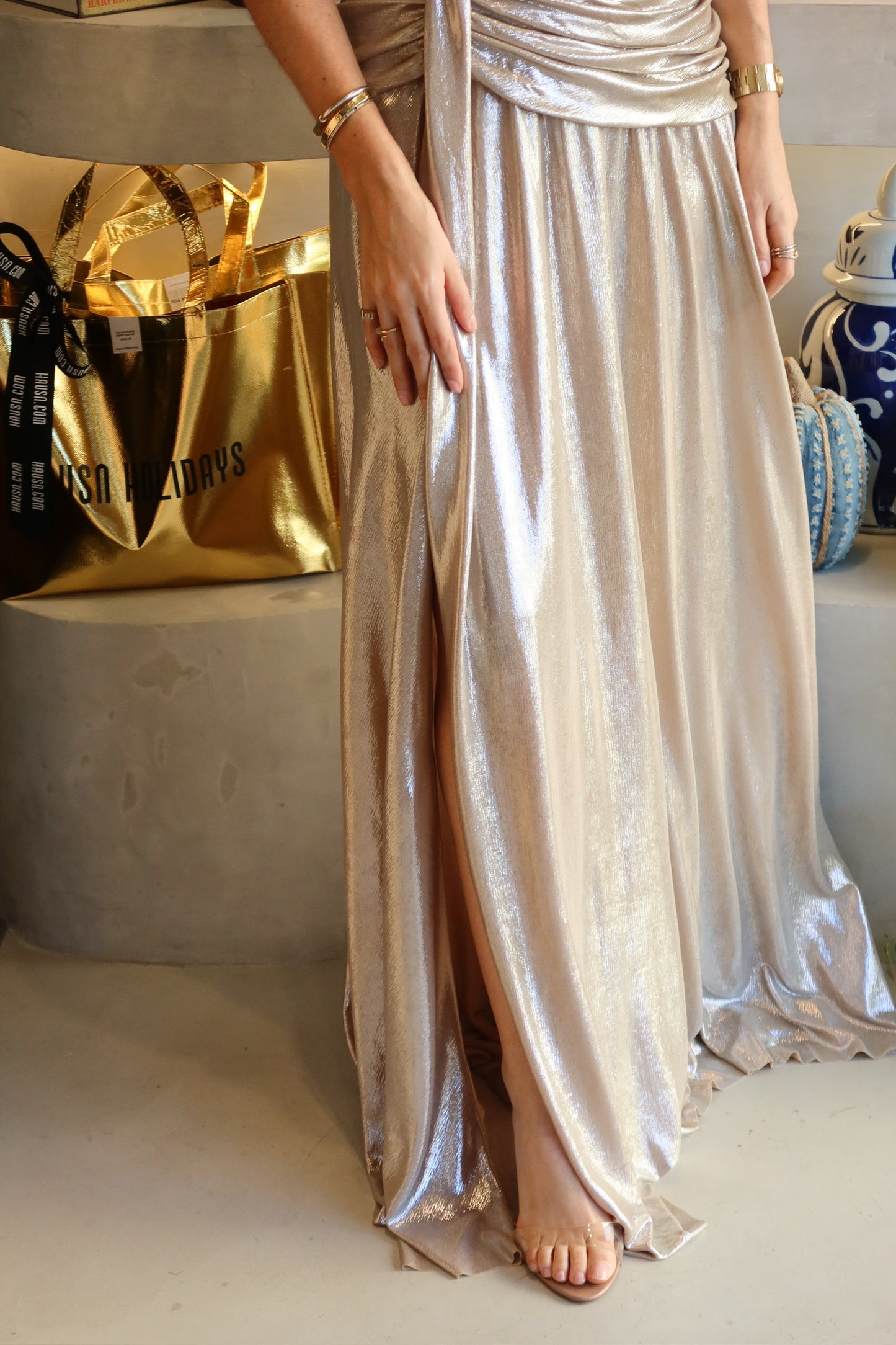 Roslyn - Metallic Gown W/ Slit