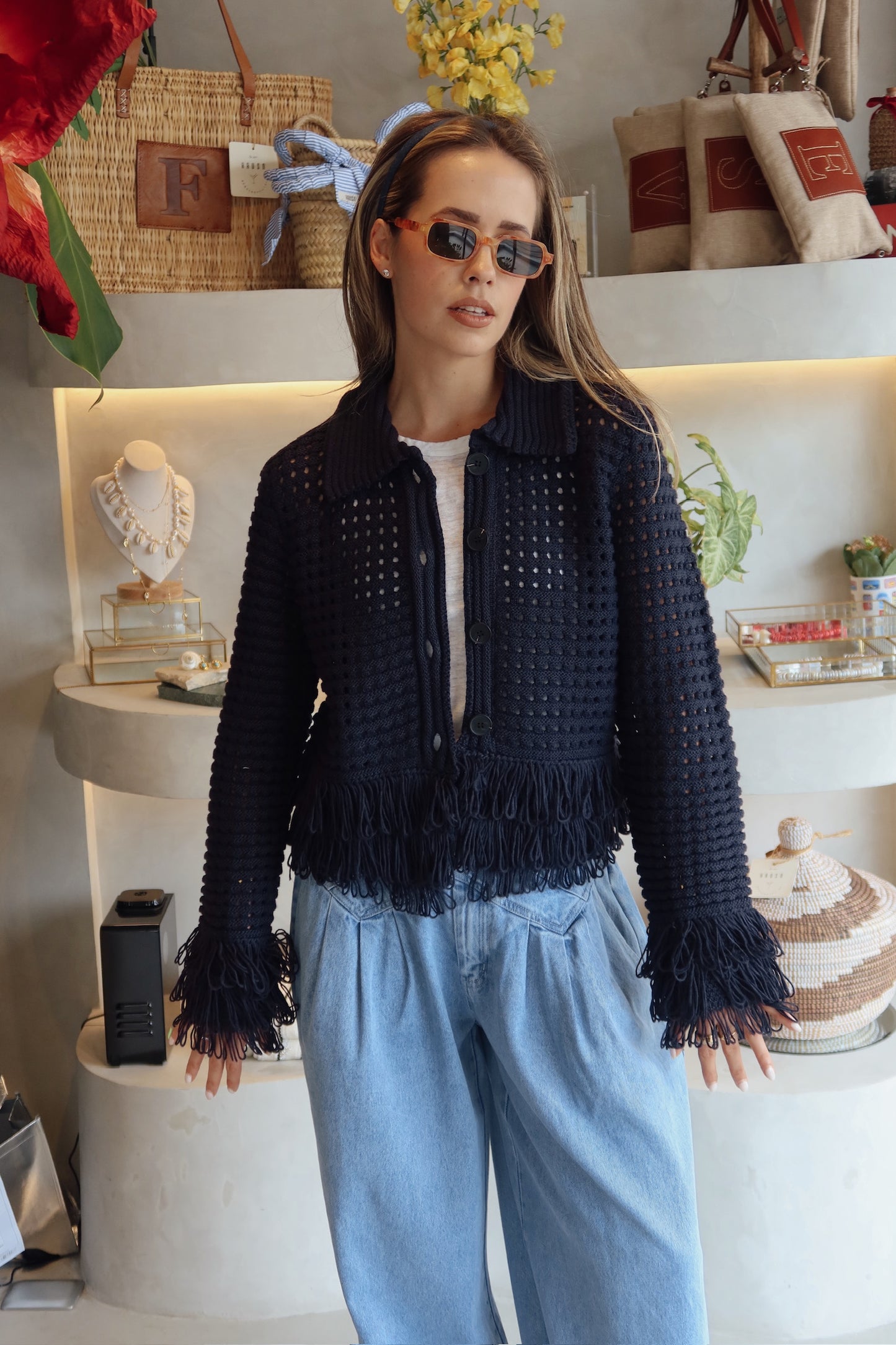 Maine - Knit Fringe Navy Sweater