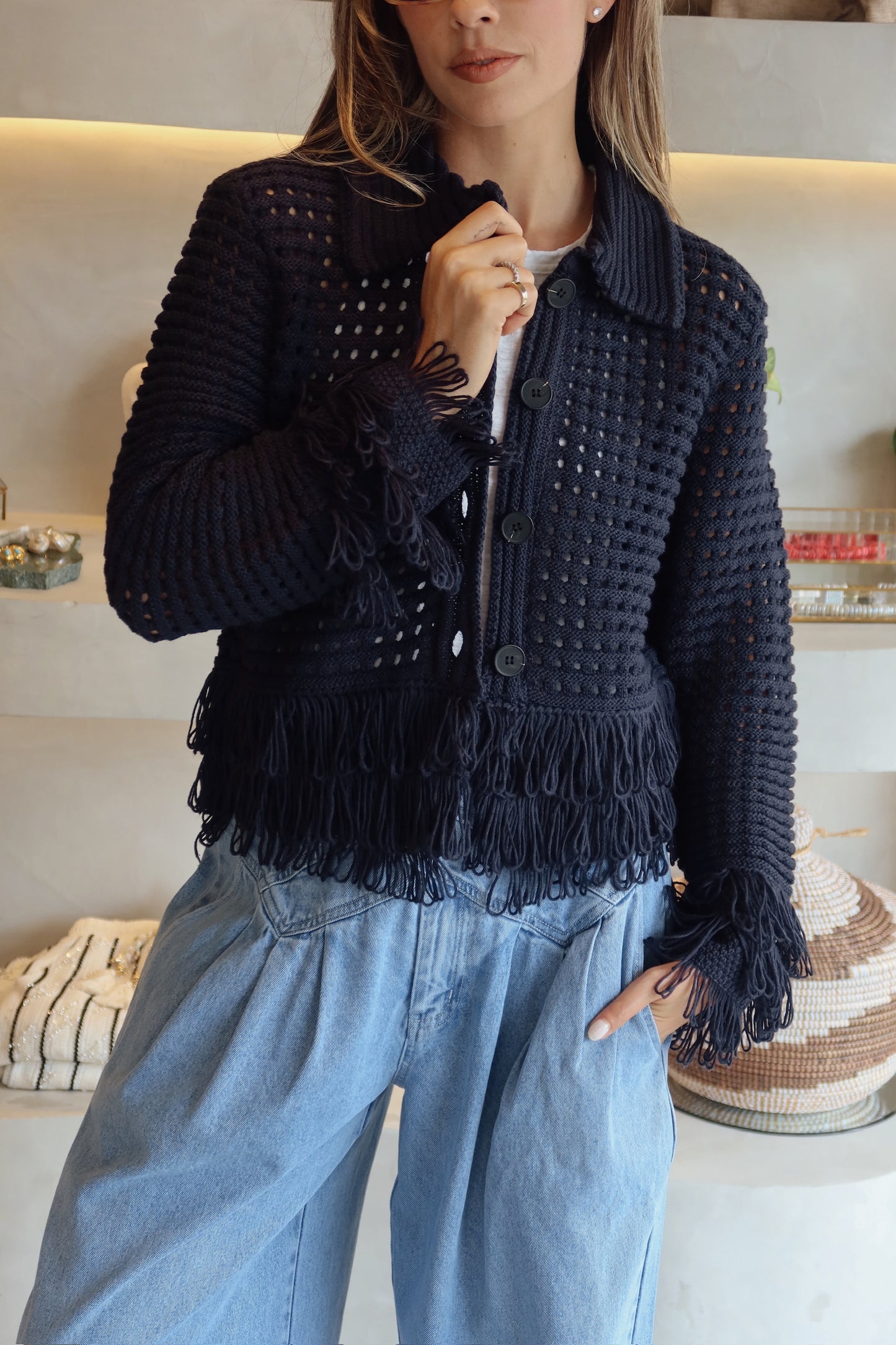 Maine - Knit Fringe Navy Sweater