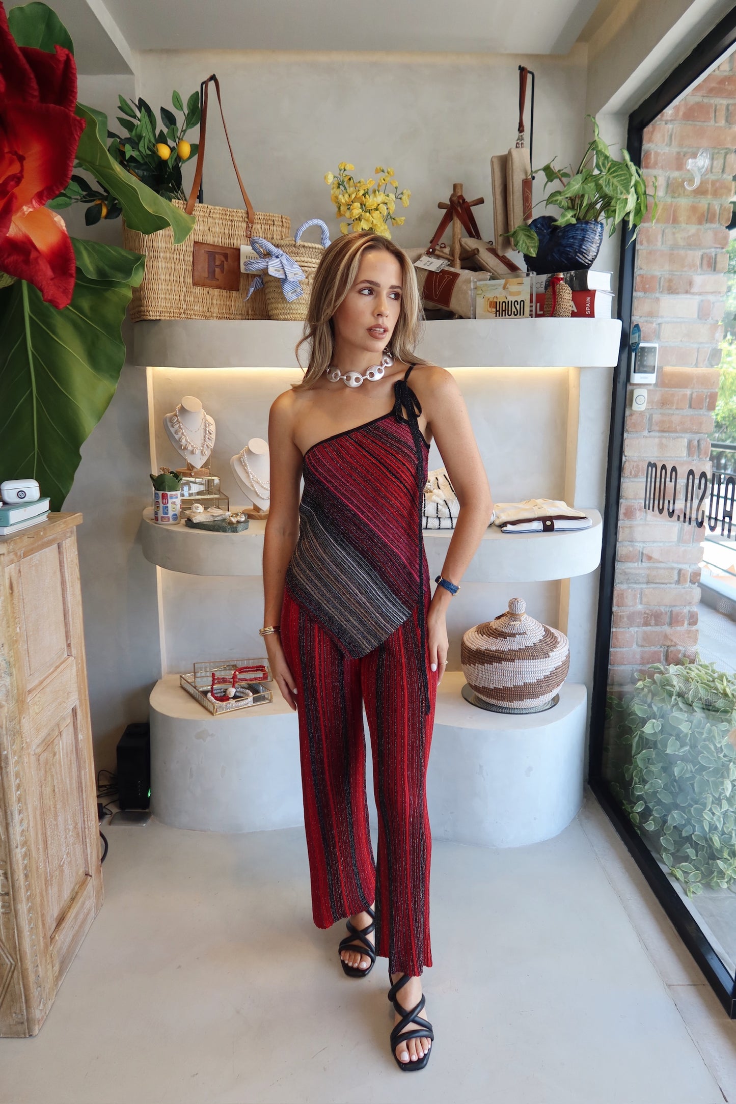 Roma - Red Metallic Pant Set