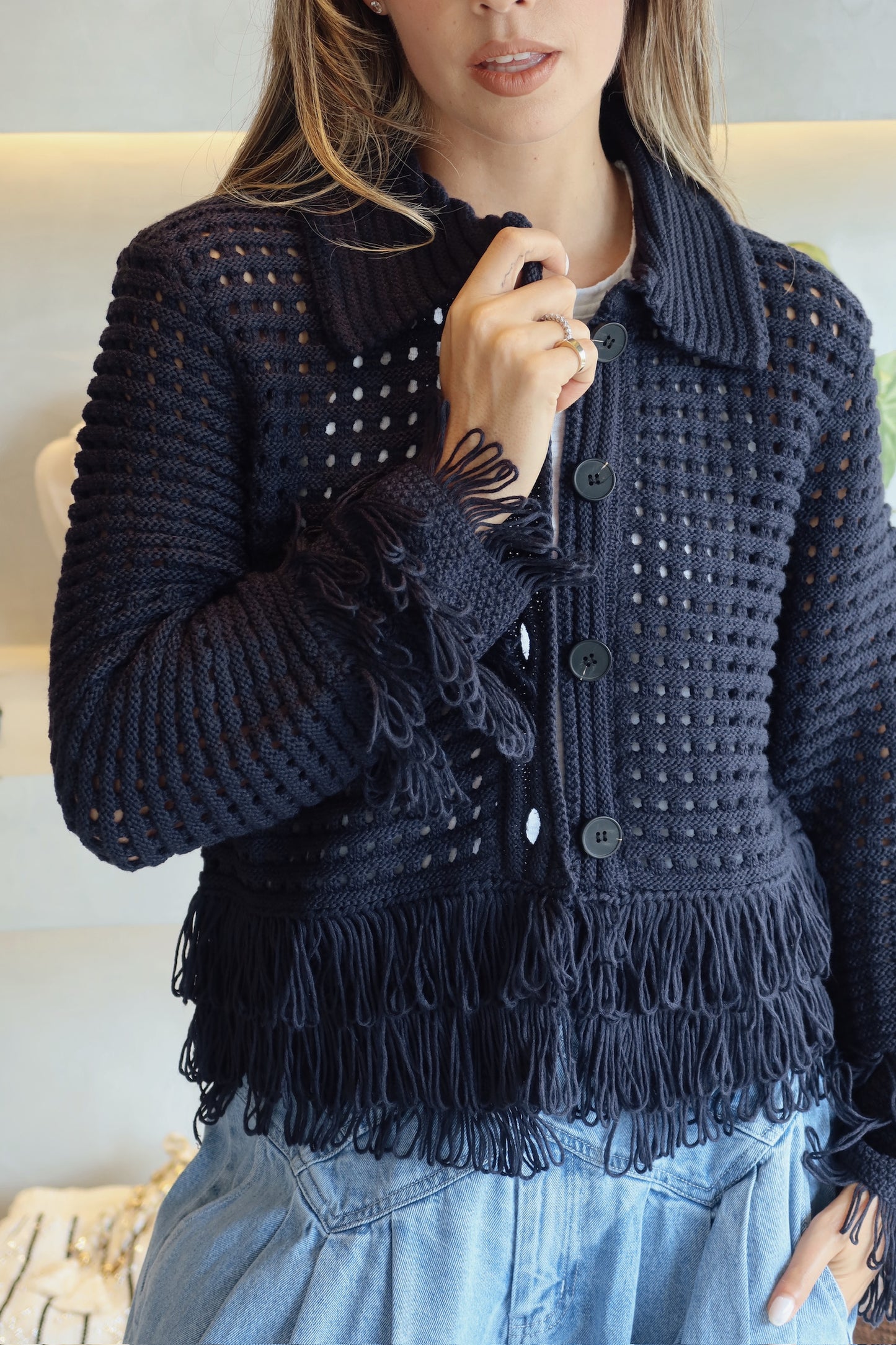 Maine - Knit Fringe Navy Sweater