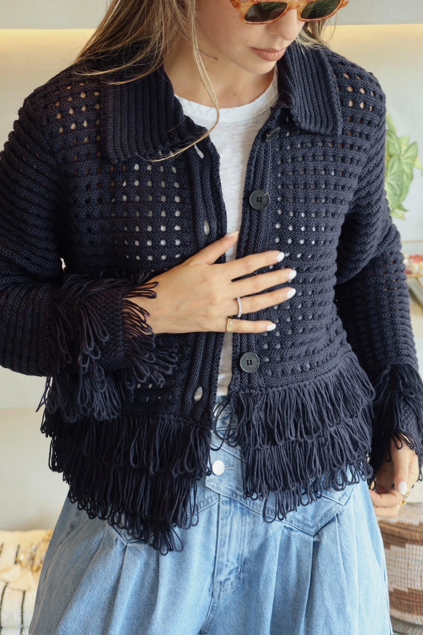Maine - Knit Fringe Navy Sweater