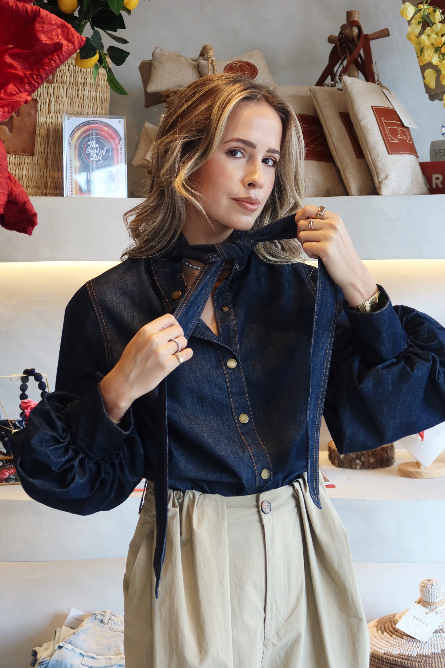 Marfa - Denim Tie Neck Blouse