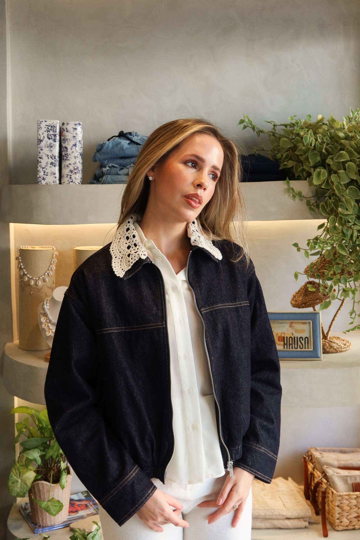 Maine - Crochet Collar Denim Jacket