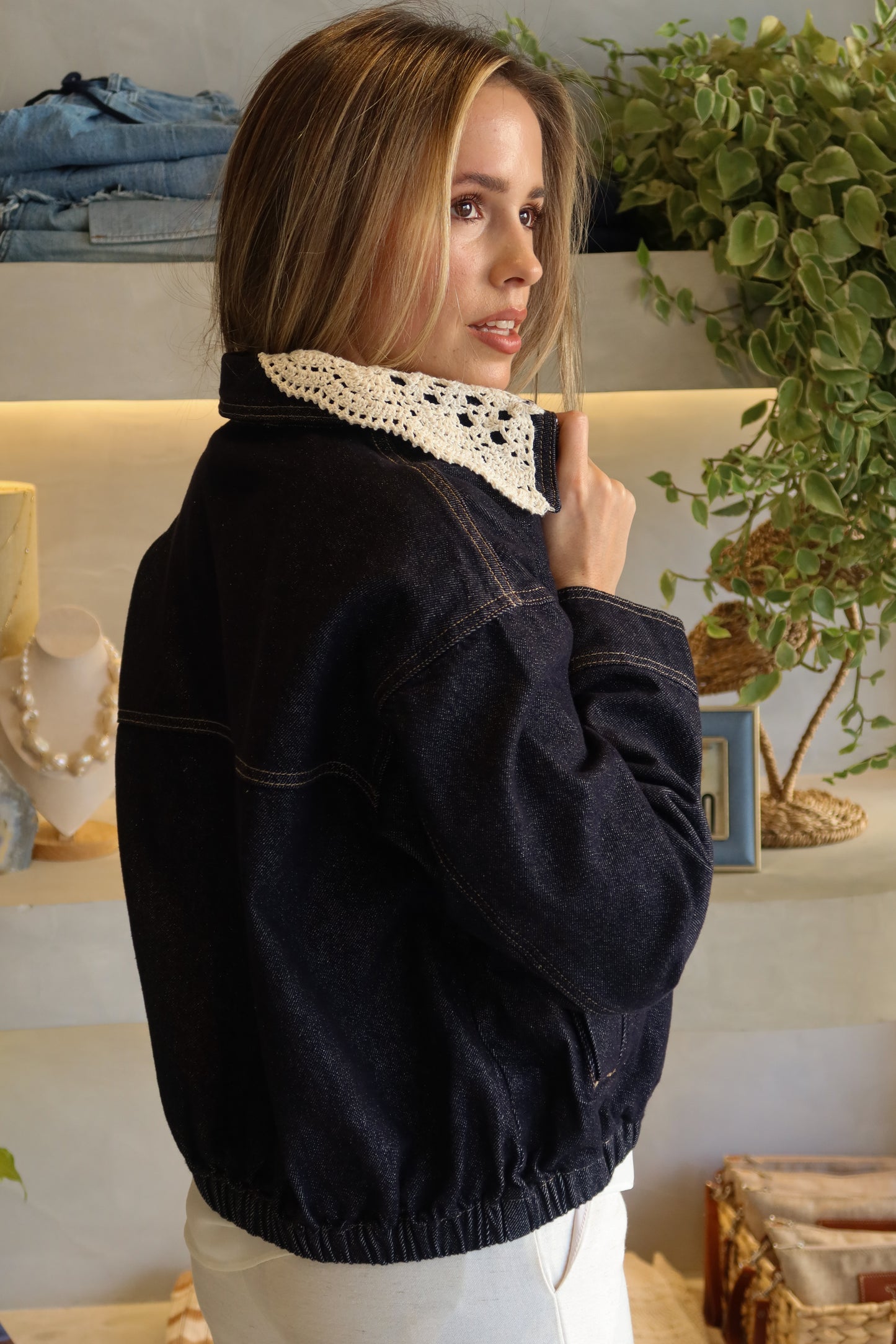 Maine - Crochet Collar Denim Jacket