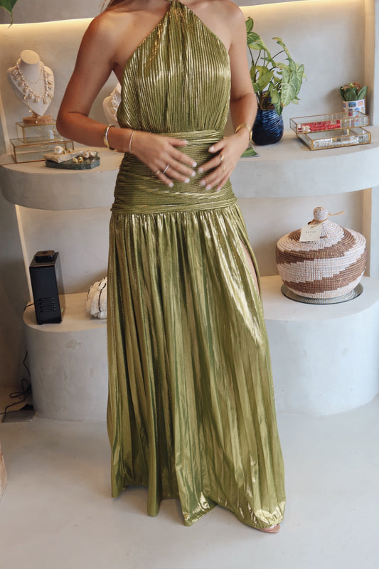 Dubái ￼- metálic olive dress