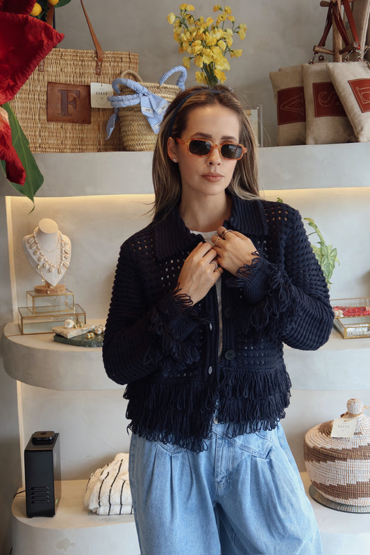 Maine - Knit Fringe Navy Sweater